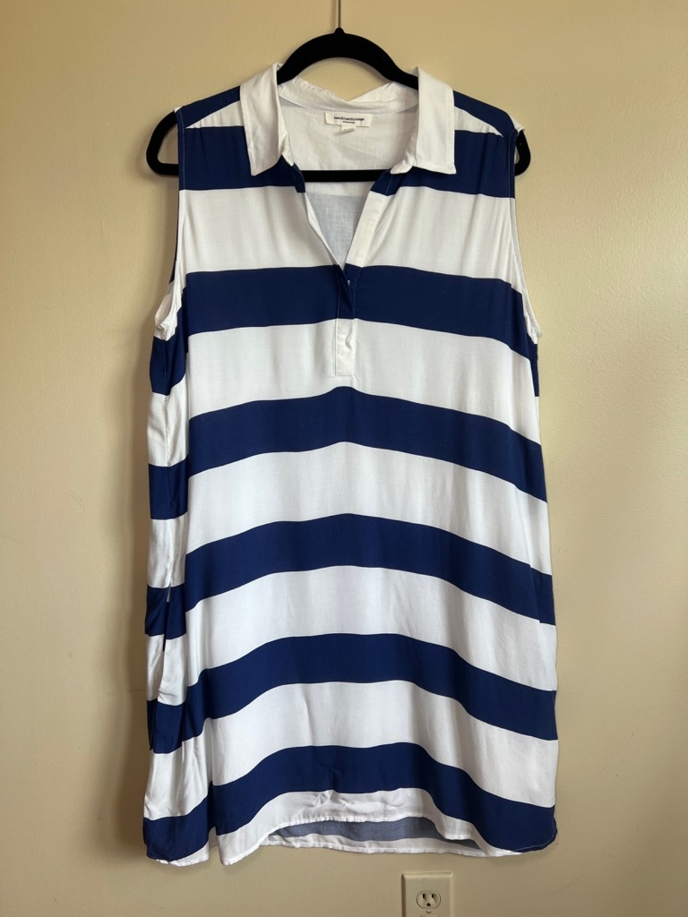 Beachlunchlounge Blue White Striped Sleeveless Shift Dress with pockets Large